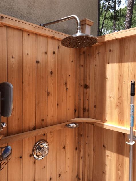 Acrylic and fiberglass shower pans are ugly. Freestanding Cedar Outdoor Showers | StonewoodProducts.com ...