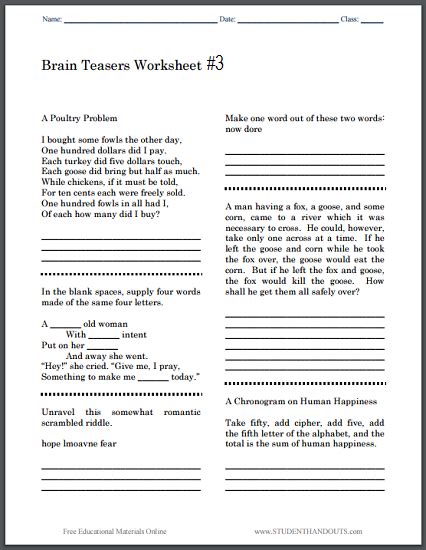 brain teasers worksheet  student handouts