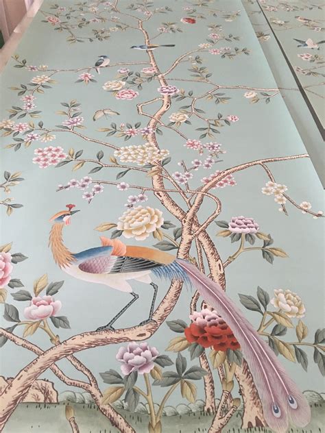 Colorway Chinoiserie Handpainted Wallpaper On Blue Silk Etsy