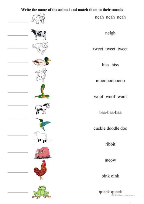matching animals   sounds worksheet  esl printable