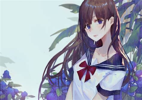 Wallpaper Anime Girl Sailor Brown Hair Raining Flowers