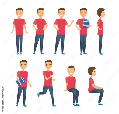 Young Man Character Set In Flat Cartoon Style Different Poses Standing