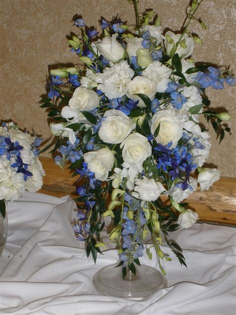 Blue And White Cascade Bouquet Roses Delphinium Lark Ruscus