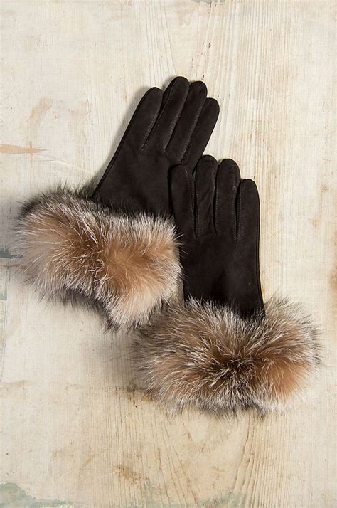 women s wool lined suede leather gloves with fox fur trim leather gloves fox fur gloves