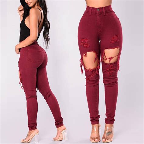 Ripped Holes Jeans Women S High Waist Destroyed Ripped Hole Stretch Denim Skinny Jeans Woman