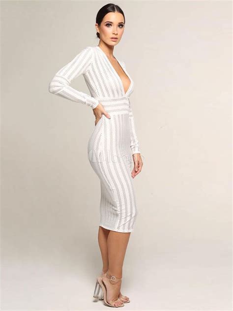 White Party Dress Long Sleeve Bodycon Dress Plunging Shaping Sexy Midi Dress