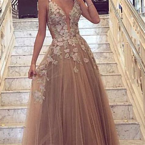 A Line Deep V Neck Champagne Tulle Prom Dress With Appliques 10721 On
