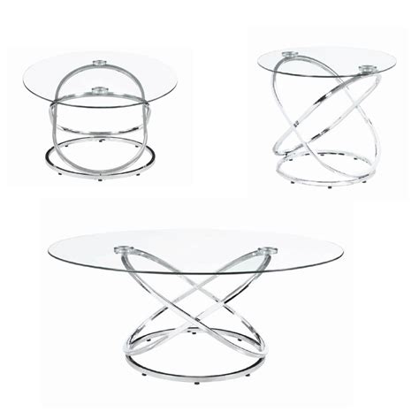 Modern 3 Piece Coffee Table Set With 2 End Tables Glass Tabletop Chrome Saltoro Sherpi