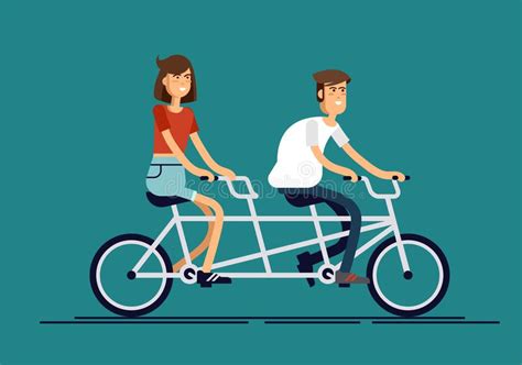 Cool Vector Flat Design Happy Young Man And Woman Characters Couple Riding Tandem Bicycle