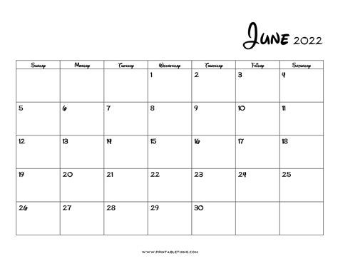 2022 Calendar Printable June Template Calendar Design