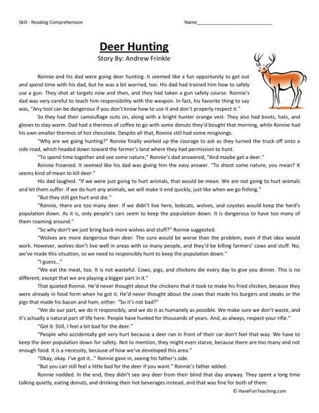 Grammar, reading, spelling, & more! Reading Comprehension Worksheet - Deer Hunting