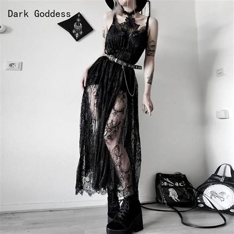 Gothic Summer Sexy Black Dress Women Lace See Through Halter Bandage