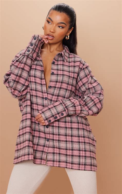 Pink Oversized Flannel Shirt Tops Prettylittlething Ire
