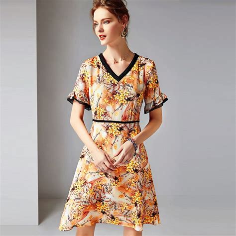 Women Summer Golden V Neck Floral Silk Dresses Sex Casual Daily Office Party Night Club Plus