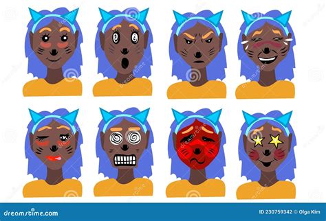 Cute Girl With Cats Ears And Blue Hair Emotions Stock Vector