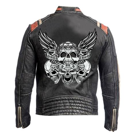 Buy Mens Black Vintage Skull Design Leather Jacket From