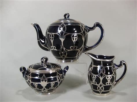 Lenox Cobalt Blue Porcelain Three Piece Tea Set Sterling Silver Overlay 20th C L5bd1 L5bde