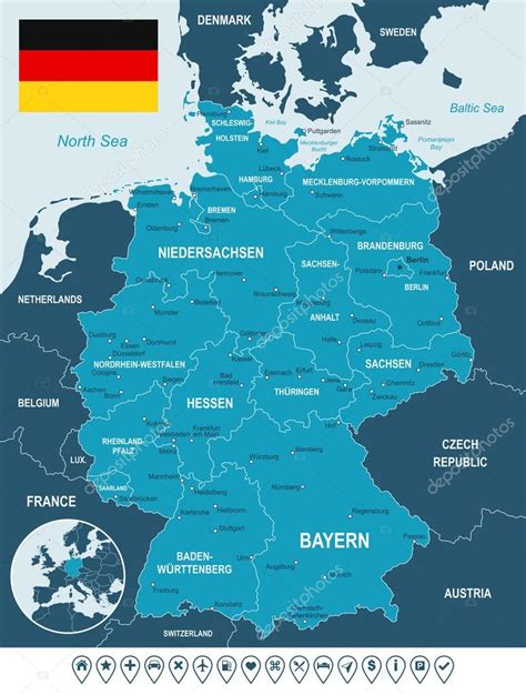 Emellett erős iparú, mára stabillá vált terület. Németország Térkép, zászló és navigációs felirat - ábra ...