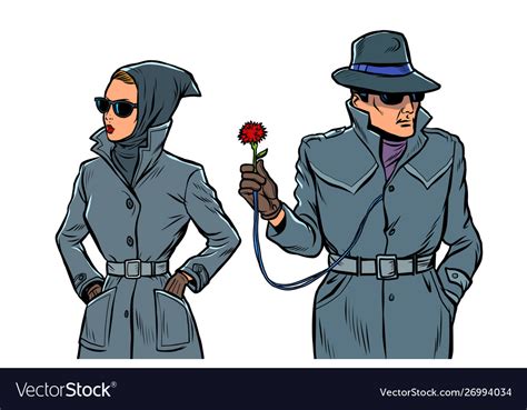Man And Woman Secret Agents Spies Isolate Vector Image