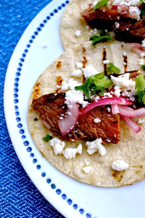 Grilled Steak Tacos With Pickled Red Onions And Queso Fresco