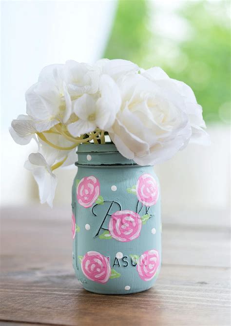 Rose Flower Painted Mason Jar Pink Rose Mason Jar Painted Etsy In