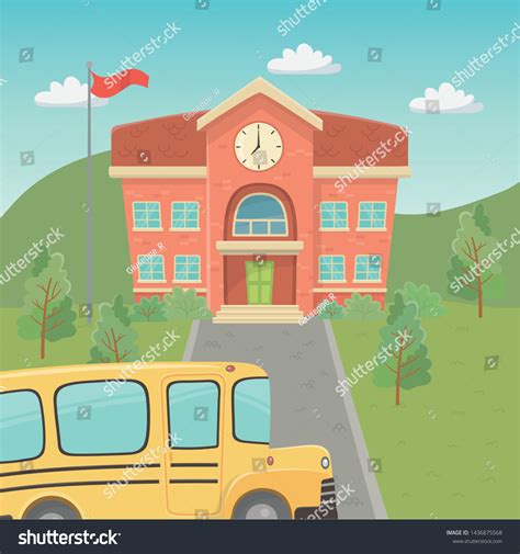 School Building Bus Landscape Scene Stock Vector Royalty Free