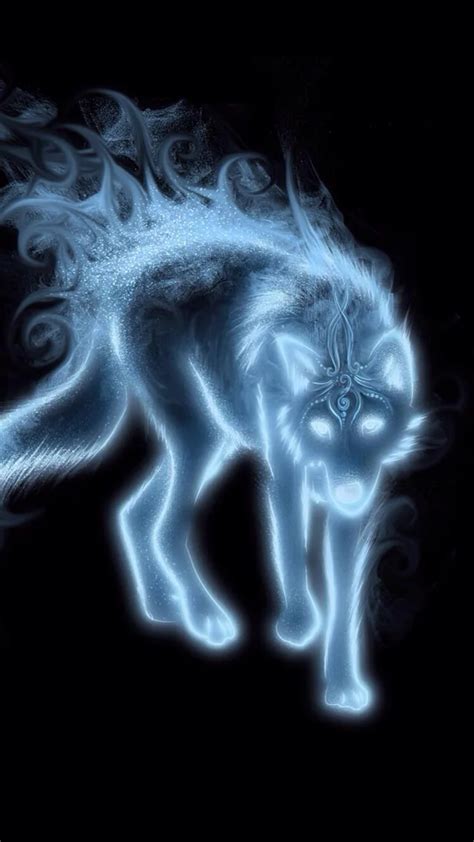 A Wolf With Blue Flames On Its Face And Tail Standing In Front Of A