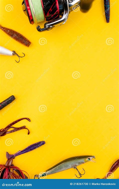 Bass Fishing Lures On The Yellow Backdrop Stock Photo Image Of Copy