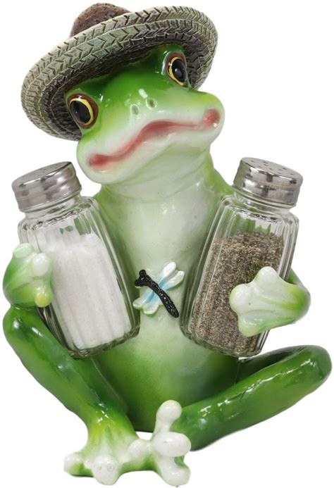 Ebros Green Toad Tree Frog With Sombrero Glass Salt Pepper Shakers