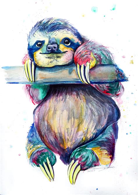 Multicoloured Sloth Print From Original Watercolour Painting Etsy