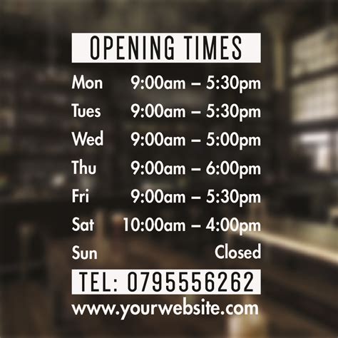 Opening Times Sticker Personalised Opening Hours Sign For Window Door