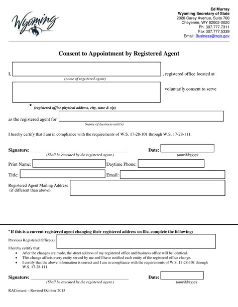 Wyoming Consent To Appointment By Registered Agent Form Fill Out