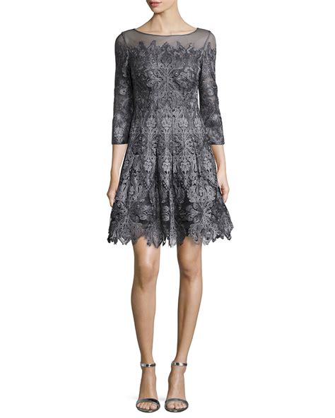 Lyst Kay Unger 34 Sleeve Lace A Line Cocktail Dress In Gray