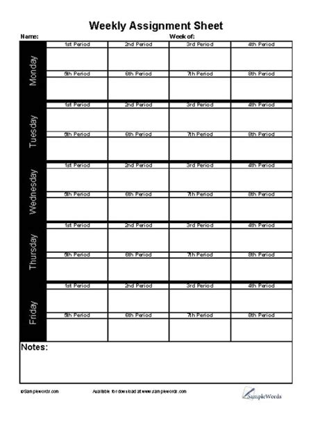 Student Weekly Assignment Sheet Download Pdf File