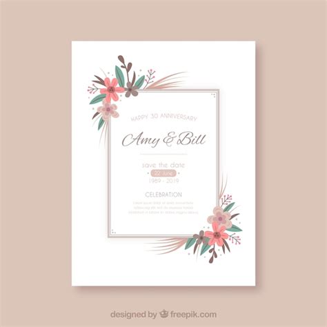 Tarjeta De Aniversario De Boda Con Marco Floral Vector Gratis