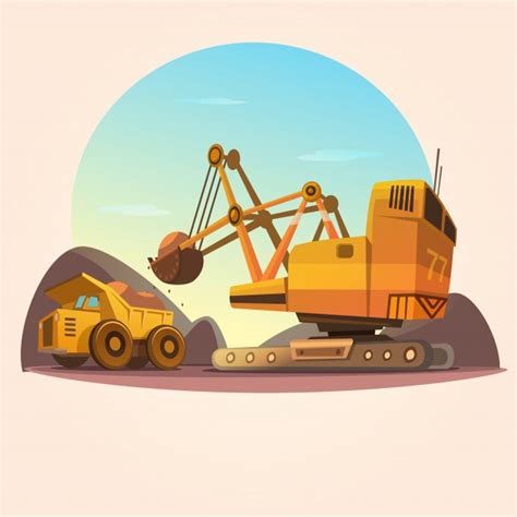 Mining Concept With Heavy Industry Machines And Coal Truck Retro