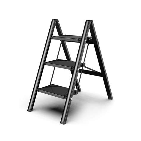3 Steps Stool Ladder Black Aluminum Lightweight Folding With Anti Slip