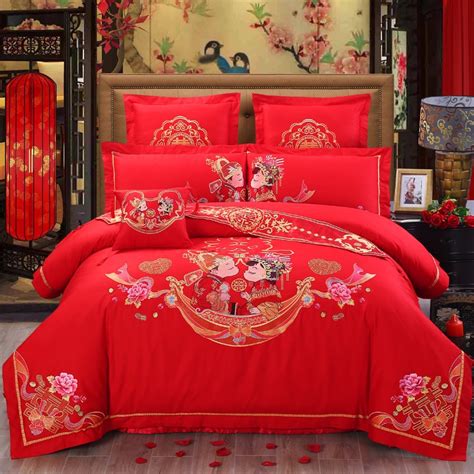 100 Cotton Luxury Chinese Wedding Bedding Set Embroidery Duvet Cover