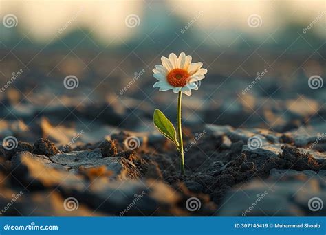 Symbol of Resilience Hopeful Flower Blooms Amidst Arid Soil Stock