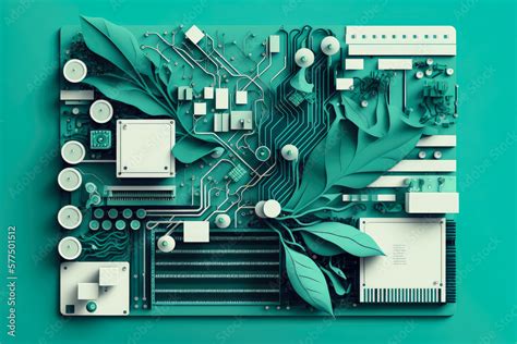 Minimalistic Circuit Board Art In Shades Of Blue And Green Featuring