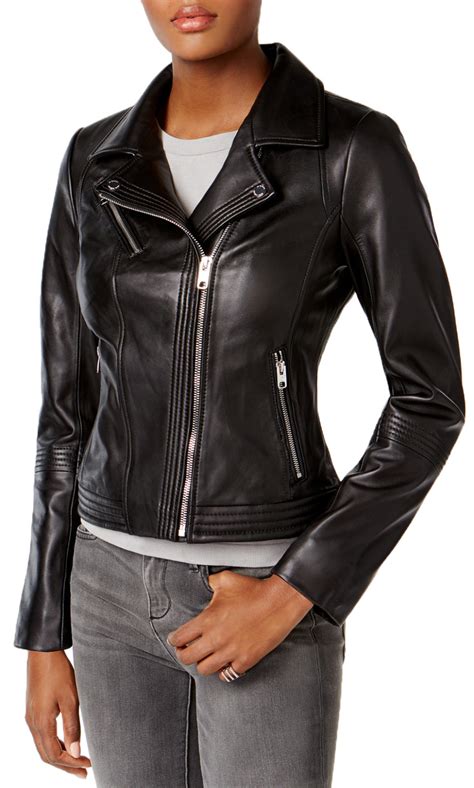 Sleek black leather jacket with gold hardwarde. Michael Michael Kors Women's Black Leather Zipper Moto Jacket