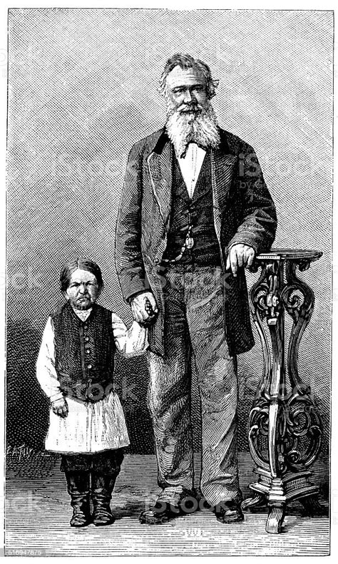 Antique Illustration Of Man With Short Man Stockvectorkunst En Meer