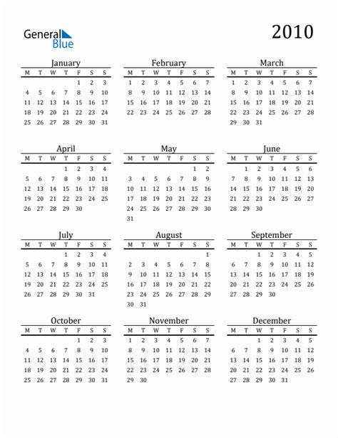 2010 Yearly Calendar Templates With Monday Start
