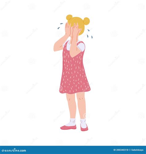 Sad Blonde Kid Girl Crying Covering Face With Her Hands A Vector