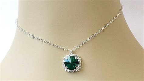 Emerald Crystal Halo Necklace Silver Crystal Necklace Emerald Green