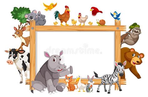 Empty Wooden Frame With Various Wild Animals In The Forest Stock Vector