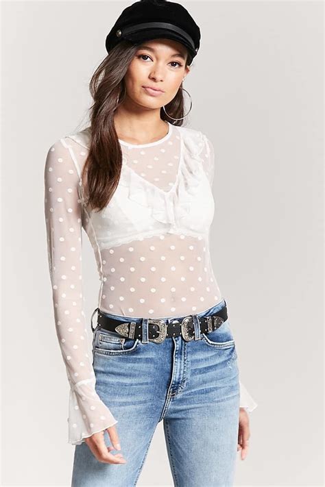 Polka Dot Sheer Mesh Top Clothes Design Outfit Layout Frill Sleeves Top