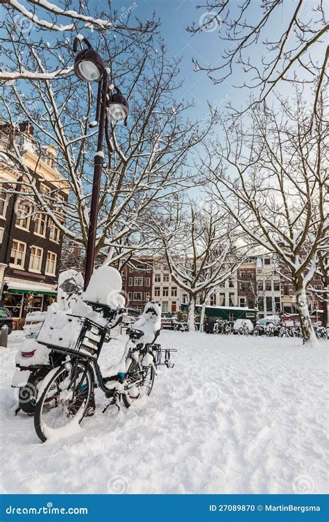 Town Square Covered With Snow In Amsterdam Stock Photo Image Of