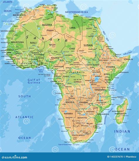 High Detailed Africa Physical Map With Labeling Stock Vector