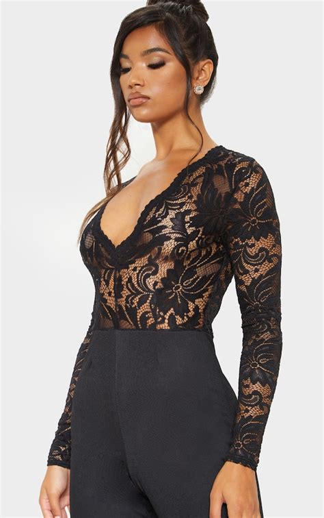 Black Lace Long Sleeve Plunge Jumpsuit Prettylittlething